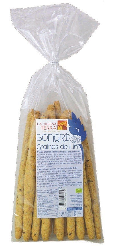 PALUSZKI CHLEBOWE RAZOWE GRISSINI Z SIEMIENIEM LNIANYM BIO 150 g - LA BUONA TERRA PALUSZKI CHLEBOWE RAZOWE GRISSINI Z SIEMIENIEM LNIANYM BIO 150 g - LA BUONA TERRA