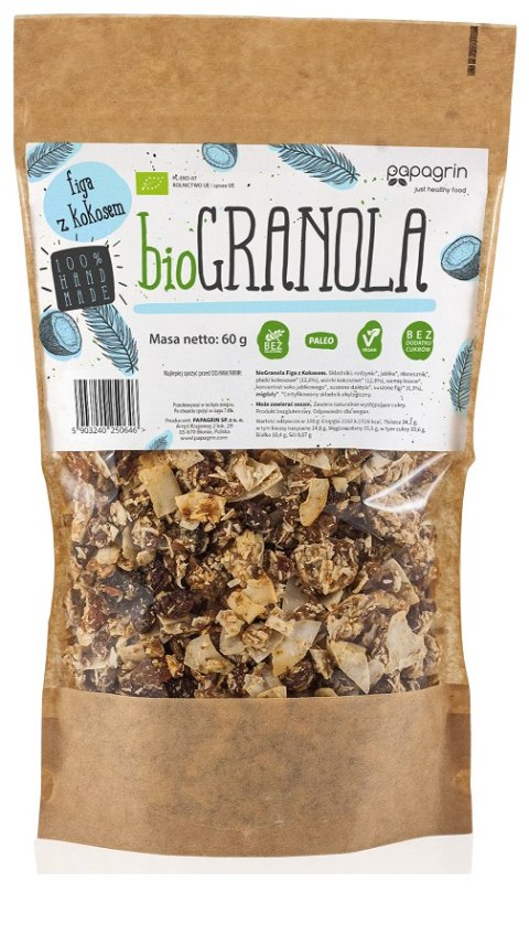 GRANOLA FIGA Z KOKOSEM BEZ DODATKU CUKRÓW BEZGLUTENOWA BIO 60 g - PAPAGRIN GRANOLA FIGA Z KOKOSEM BEZ DODATKU CUKRÓW BEZGLUTENOWA BIO 60 g - PAPAGRIN
