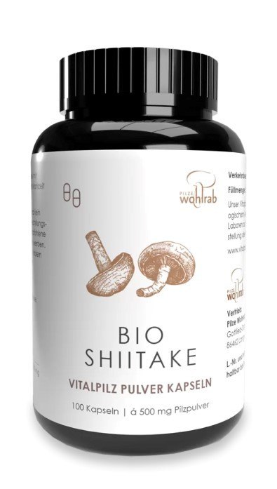 GRZYBY SHIITAKE (TWARDNIK JAPOŃSKI) BIO (500 mg) 100 KAPSUŁEK - PILZE WOHLRAB GRZYBY SHIITAKE (TWARDNIK JAPOŃSKI) BIO (500 mg) 100 KAPSUŁEK - PILZE WOHLRAB