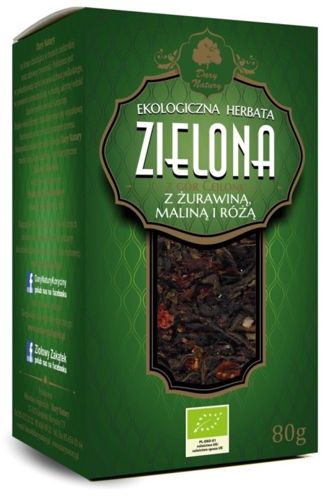 HERBATA ZIELONA Z ŻURAWINĄ, MALINĄ I RÓŻĄ LIŚCIASTA BIO 80 g - DARY NATURY HERBATA ZIELONA Z ŻURAWINĄ, MALINĄ I RÓŻĄ LIŚCIASTA BIO 80 g - DARY NATURY