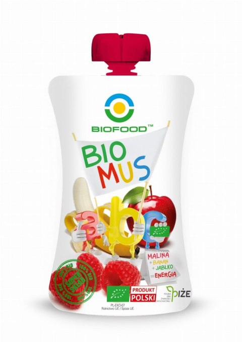 MUS MALINOWO - BANANOWO - JABŁKOWY BEZGLUTENOWY BIO 90 g - BIO FOOD MUS MALINOWO - BANANOWO - JABŁKOWY BEZGLUTENOWY BIO 90 g - BIO FOOD
