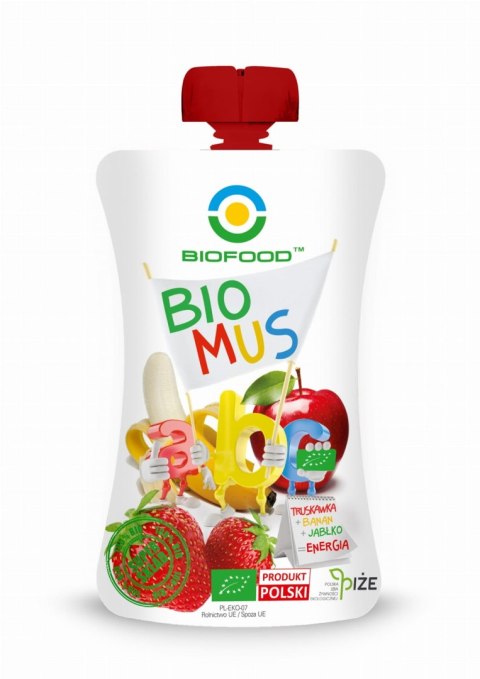 MUS TRUSKAWKOWO - BANANOWO - JABŁKOWY BEZGLUTENOWY BIO 90 g - BIO FOOD MUS TRUSKAWKOWO - BANANOWO - JABŁKOWY BEZGLUTENOWY BIO 90 g - BIO FOOD