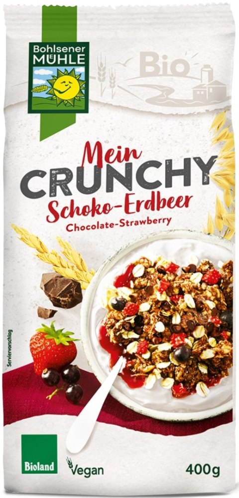 CRUNCHY CZEKOLADOWE Z TRUSKAWKAMI I CZARNĄ PORZECZKĄ BIO 400 g - BOHLSENER MUEHLE CRUNCHY CZEKOLADOWE Z TRUSKAWKAMI I CZARNĄ PORZECZKĄ BIO 400 g - BOHLSENER MUEHLE