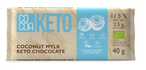 CZEKOLADA KOKOSOWA Z OLEJEM MCT BEZ DODATKU CUKRU BEZGLUTENOWA KETO BIO 40 g - COCOA CZEKOLADA KOKOSOWA Z OLEJEM MCT BEZ DODATKU CUKRU BEZGLUTENOWA KETO BIO 40 g - COCOA