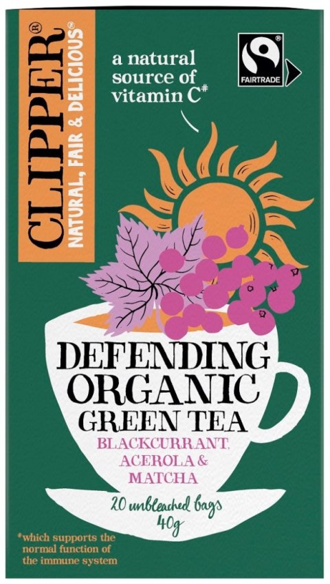 HERBATA ZIELONA Z CZARNĄ PORZECZKĄ, ACEROLĄ I MATCHĄ "ODPORNOŚĆ" FAIR TRADE BIO (20 x 2 g) 40 g - CLIPPER HERBATA ZIELONA Z CZARNĄ PORZECZKĄ, ACEROLĄ I MATCHĄ "ODPORNOŚĆ" FAIR TRADE BIO (20 x 2 g) 40 g - CLIPPER