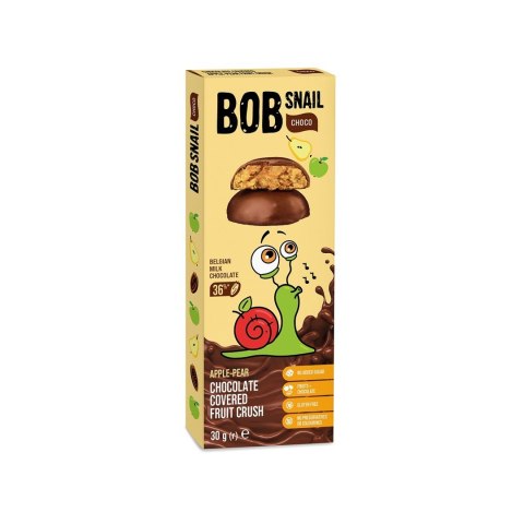 PRZEKĄSKA CHOCO JABŁKO - GRUSZKA W MLECZNEJ CZEKOLADZIE BELGIJSKIEJ BEZ DODATKU CUKRU BEZGLUTENOWA 30 g - BOB SNAIL PRZEKĄSKA CHOCO JABŁKO - GRUSZKA W MLECZNEJ CZEKOLADZIE BELGIJSKIEJ BEZ DODATKU CUKRU BEZGLUTENOWA 30 g - BOB SNAIL