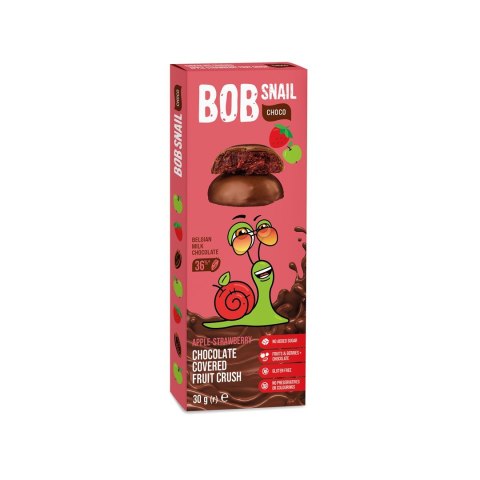 PRZEKĄSKA CHOCO JABŁKO - TRUSKAWKA W MLECZNEJ CZEKOLADZIE BIELGIJSKIEJ BEZ DODATKU CUKRU BEZGLUTENOWA 30 g - BOB SNAIL PRZEKĄSKA CHOCO JABŁKO - TRUSKAWKA W MLECZNEJ CZEKOLADZIE BIELGIJSKIEJ BEZ DODATKU CUKRU BEZGLUTENOWA 30 g - BOB SNAIL