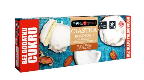 CIASTKA KOKOSOWE Z KARMELEM I ORZESZKAMI ZIEMNYMI W POLEWIE MLECZNEJ BEZ DODATKU CUKRU 128 g - PURE&GOOD CIASTKA KOKOSOWE Z KARMELEM I ORZESZKAMI ZIEMNYMI W POLEWIE MLECZNEJ BEZ DODATKU CUKRU 128 g - PURE&GOOD