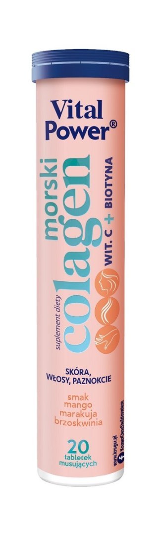 KOLAGEN MORSKI + WITAMINA C + BIOTYNA O SMAKU MANGO - MARAKUJA - BRZOSKWINIA 20 TABLETEK MUSUJĄCYCH - VITAL POWER KOLAGEN MORSKI + WITAMINA C + BIOTYNA O SMAKU MANGO - MARAKUJA - BRZOSKWINIA 20 TABLETEK MUSUJĄCYCH - VITAL POWER