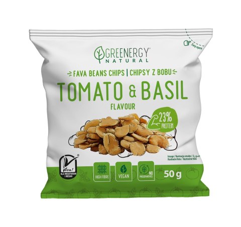 CHIPSY PROTEINOWE Z BOBU O SMAKU POMIDORA I BAZYLII 50 g - GREENERGY CHIPSY PROTEINOWE Z BOBU O SMAKU POMIDORA I BAZYLII 50 g - GREENERGY