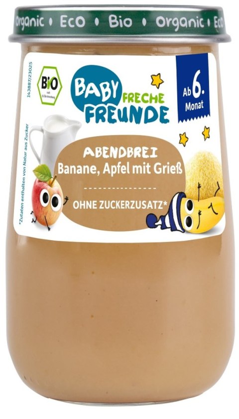 MUS MLECZNY BANAN - SEMOLINA - JABŁKO BEZ DODATKU CUKRÓW OD 6 MIESIĄCA BIO 190 g - FRECHE FREUNDE MUS MLECZNY BANAN - SEMOLINA - JABŁKO BEZ DODATKU CUKRÓW OD 6 MIESIĄCA BIO 190 g - FRECHE FREUNDE