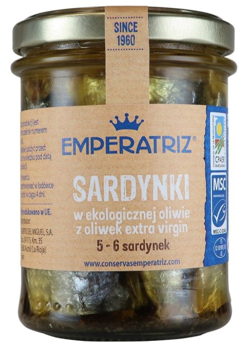 SARDYNKI EUROPEJSKIE W BIO OLIWIE Z OLIWEK EXTRA VIRGIN 190 g (133 g) (SŁOIK) - EMPERATRIZ SARDYNKI EUROPEJSKIE W BIO OLIWIE Z OLIWEK EXTRA VIRGIN 190 g (133 g) (SŁOIK) - EMPERATRIZ