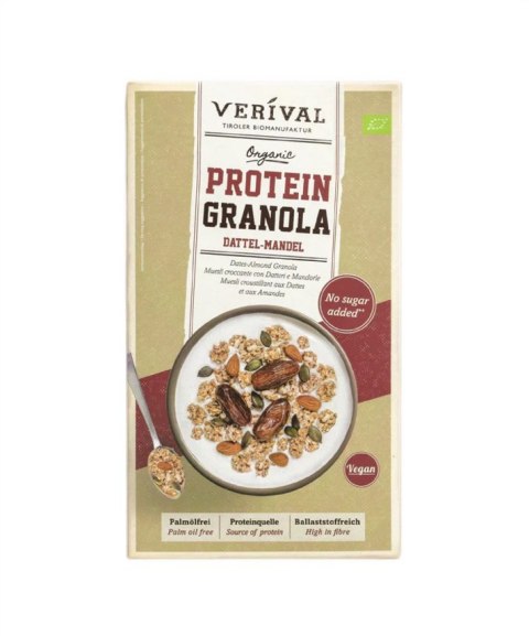 GRANOLA PROTEINOWA Z DAKTYLAMI I MIGDAŁAMI BEZ DODATKU CUKRÓW BIO 325 g - VERIVAL GRANOLA PROTEINOWA Z DAKTYLAMI I MIGDAŁAMI BEZ DODATKU CUKRÓW BIO 325 g - VERIVAL
